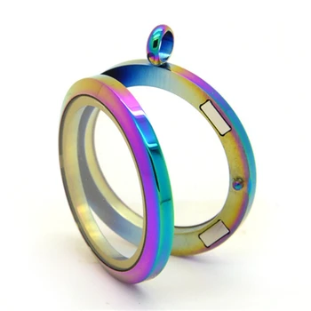 

High quality 10pcs Floating Locket Pendant 30mm rainbow magnetic Stainless Steel Floating Charm Living Glass Locket Wholesale