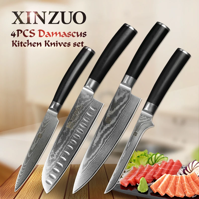 

XINZUO 4 PCS Kitchen Knives Set Damascus Steel Kitchen Knife Santoku Chef Utility Knife Kitchen Tool Cooking Knife g10 Handle