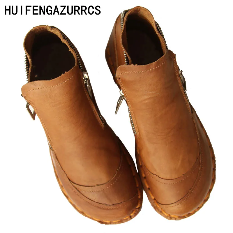 Prix HUIFENGAZURRCS bottes en cuir véritable avec art rétro chaussures à fond mou, pur à la main courte bottes et bottines rond bottes