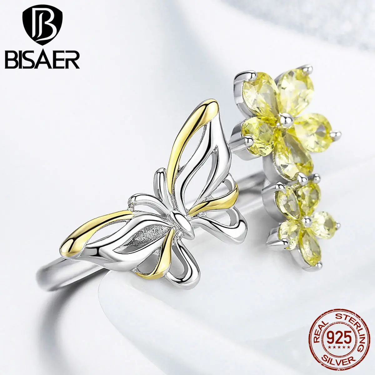BISAER, 925 пробы, серебряное кольцо с бабочкой и цветком и серьги для женщин, ювелирные наборы, массивные ювелирные изделия, подарки GUS108