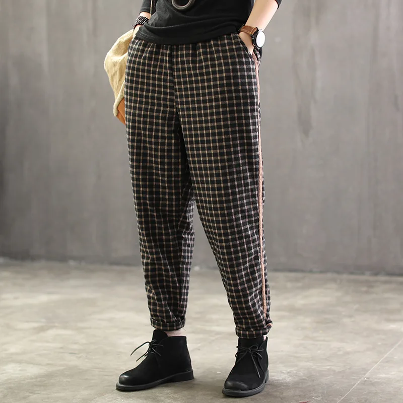 Winter Pants Women Retro Loose padded Plaid Casual Trousers New Elastic