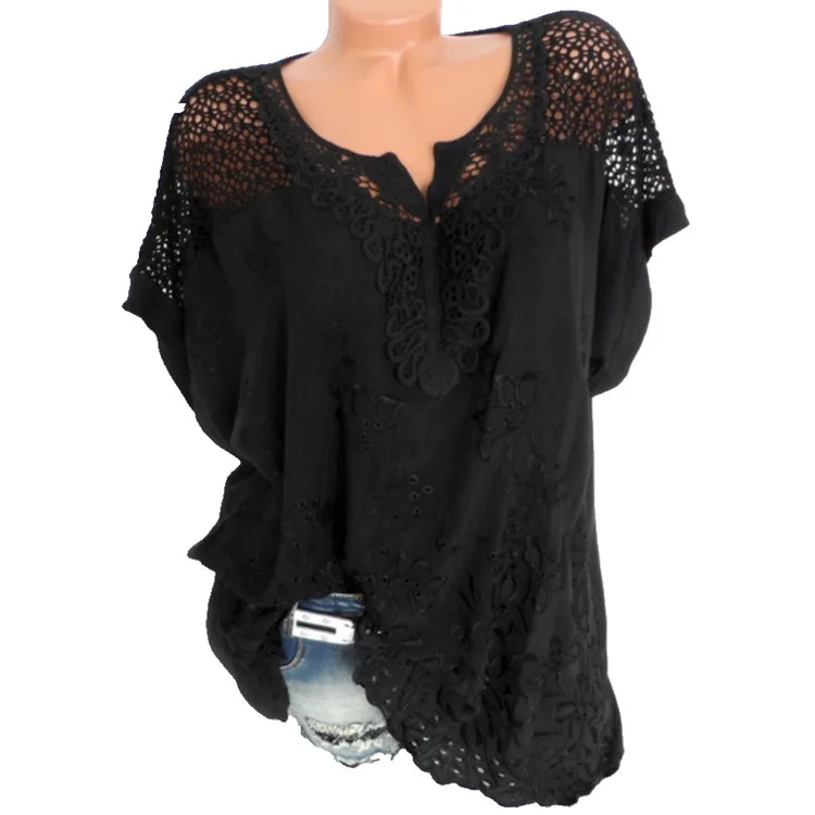  4XL Women's Lace Blouses Sexy V Neck Short Sleeve Embroidered Batwing Loose Shirt Summer White Tops
