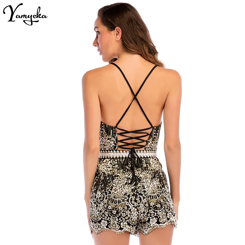 2018 New Sexy Women Spaghetti Strap V Neck Sequins Bodysuit Elegant Backless Bandage Luxury Club Beach Party Jumpsuit Overalls