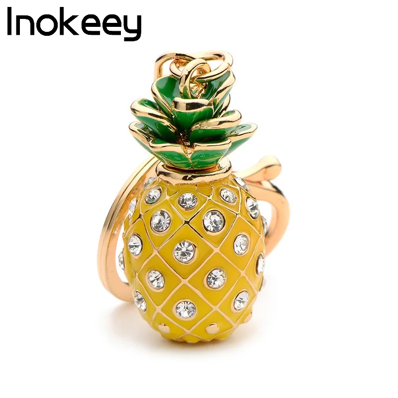 

Inokeey Alloy Yellow Pineapple Enamel Key Chain Women Metal Green Rhinestone Fruits Plants Accessories Bag Key Ring