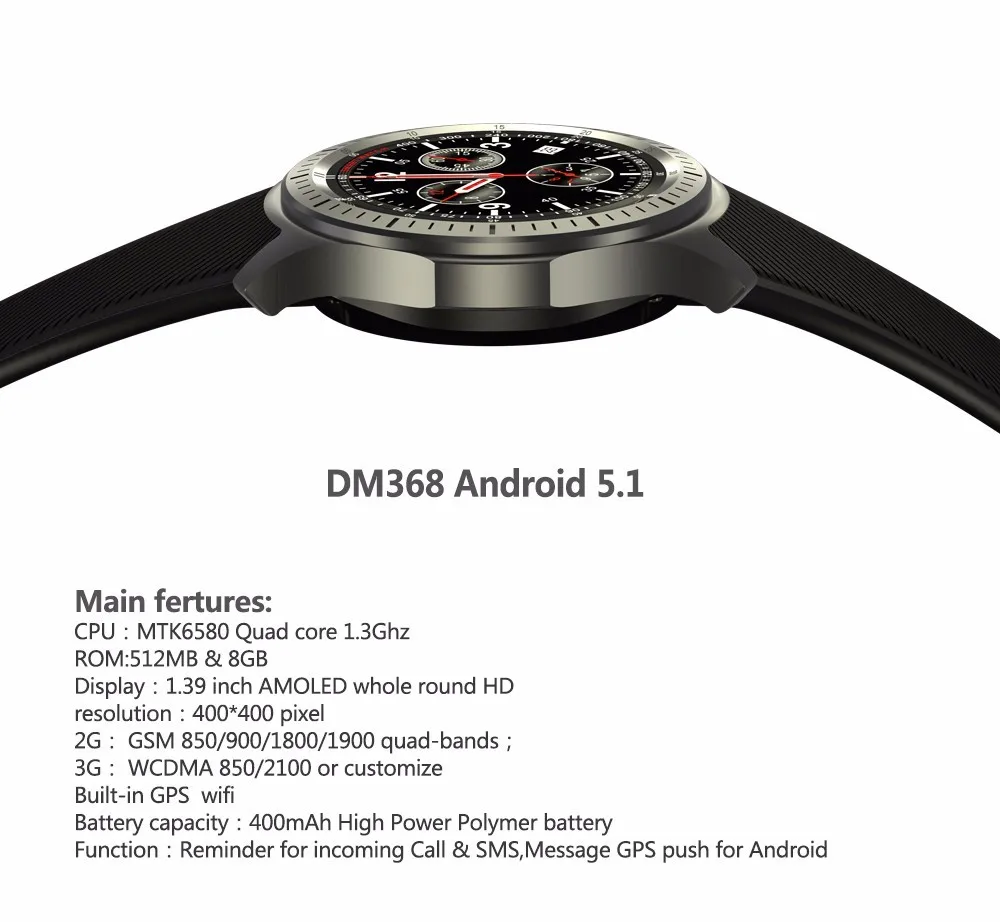 DM368 Смарт-часы MTK6580 четырехъядерный 512 МБ+ 8 Гб ОС Android 5,1 1,39 дюймов AMOLED круглый HD 3g gps Wi-Fi пульсометр Play store карты