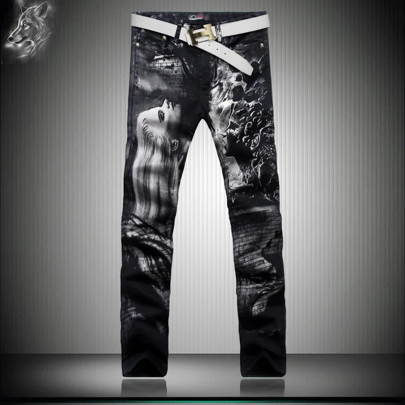 

Personalized character patterns three-dimensional printing quality jeans Nightclubs fashion trends boutique straight jeans men
