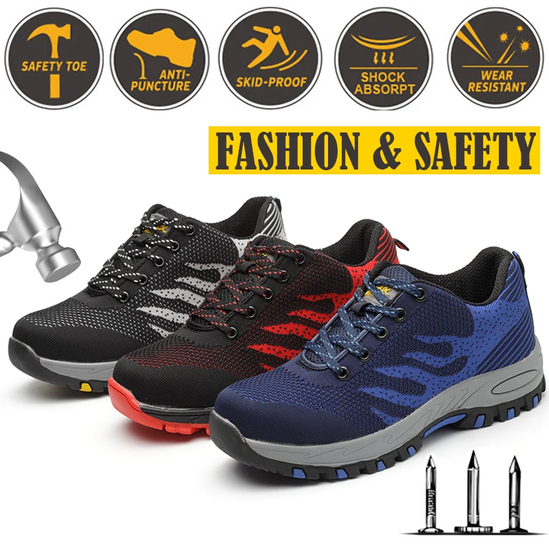 

Men's Steel Toe Cap Shoes Fashion Work Safety Shoes Outdoor Sneakers Construction Safety Shoes Large size Red Blue Gray