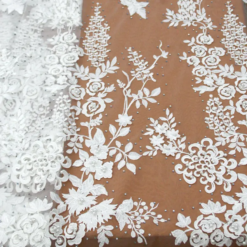 

5 yards unique embroidery African lace wedding french lace white Nigerian tulle sewing fabric with beads and stone RG043