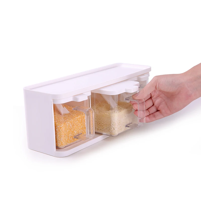 3pcs/Set White Acrylic Seasoning Box Salt Pepper Sugar Spice Jar Transparent Storage Bottle With Rack Condiment Kitchen Tools