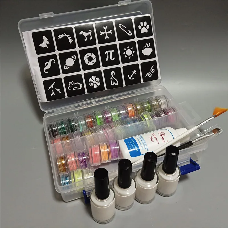 36 Colors Powder Luminous Glitter 4 Glues 2 Brushes Hollow Template Kit for Temporary Tattoo Kids Face Nail Body Painting Art