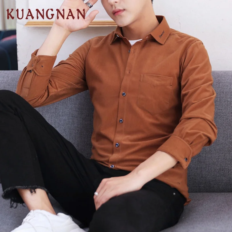 

KUANGNAN Solid Corduroy Shirt Men Streetwear Men Shirt Long Sleeve Mens Shirts Casual Slim Fit Clothing 5XL 2019 Spring New