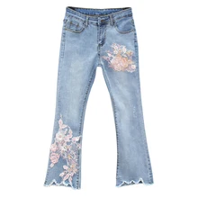 Новинка, женские тянущиеся расклешенные джинсы с вышивкой, тянущиеся расклешенные джинсы для девочек, брюки для женщин, джинсы большого размера