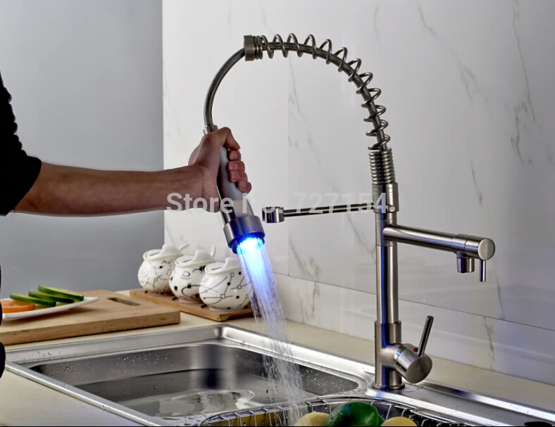 

Modern Nickel Brushed Kitchen Faucet Deck Mounted Sink Mixer LED Color Changes