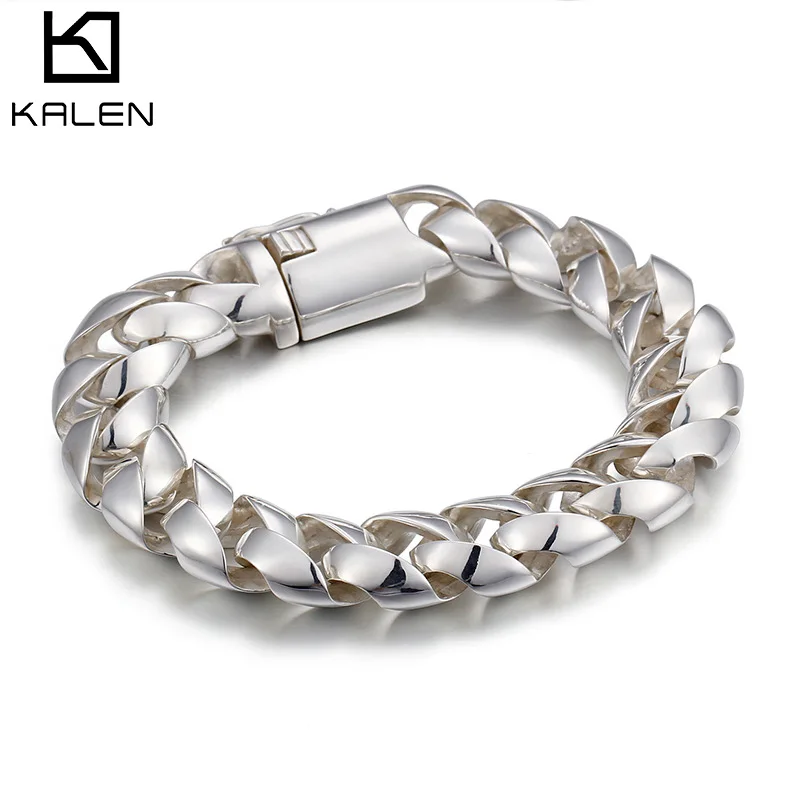 KALEN 925 пробы Серебряный кубинский браслет цепочка для мужчин 210*15 мм тяжелые