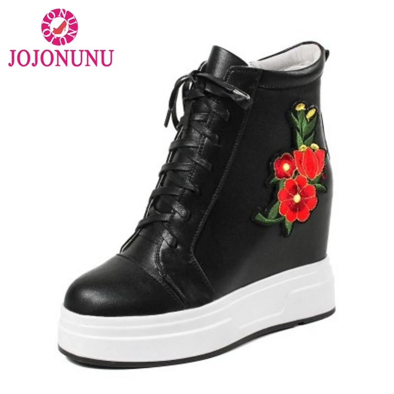

JOJONUNU Women Real Leather Ankle Boots High Platform Embroider Lace Up Short Boots Winter Warm Shoes Women Footwear Size 32-40