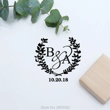 Пользовательские свадебный венок инициалы штамп, деревенская деревянная резиновая печать, персонализированные свадебные классический штамп, свадебная печать