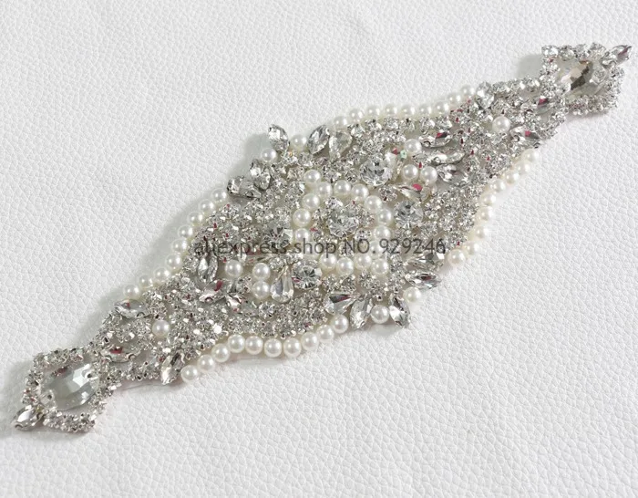 2pcs/lot crystal bridal applique with pearls for wedding dress