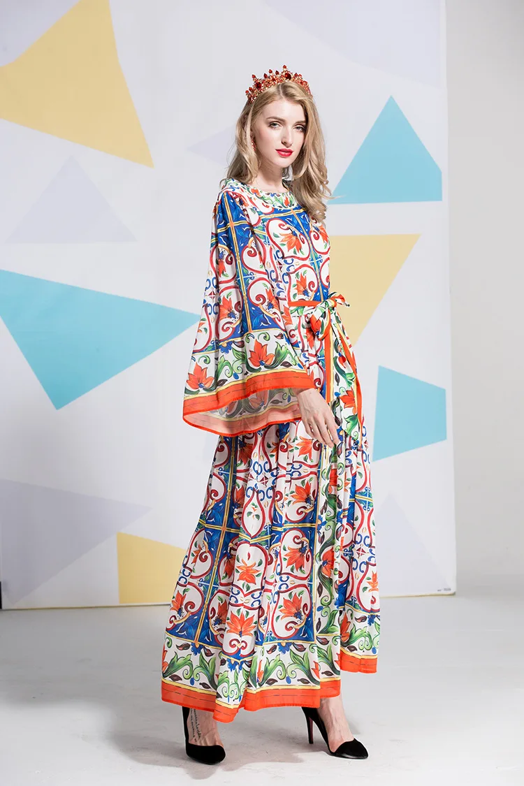 

Italy style flare sleeve loose dress new 2018 summer retro print elegant dress fashion vintage maxi dress S434