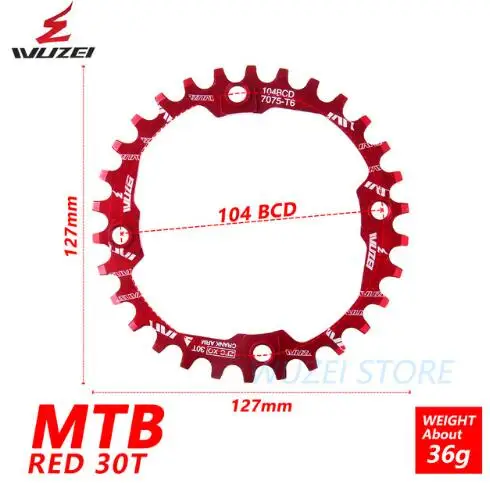 WUZEI велосипедная Звездочка 30 T 104BCD велосипедная круглая узкая широкая Сверхлегкая 7075-T6 MTB велосипедная передняя звезда круг шатунная пластина - Цвет: red
