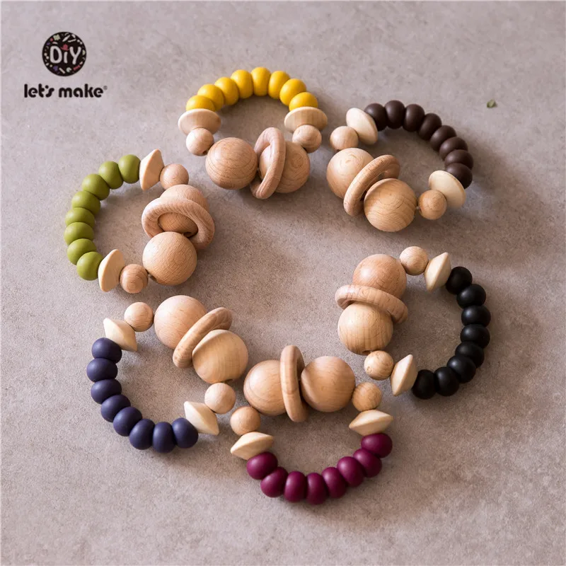 Let's Make 1pc Baby Rattles Wooden Teething Toys Nursing Accessories Gift Silicone Beads Bracelet Baby Bpa Free Silicone Teether