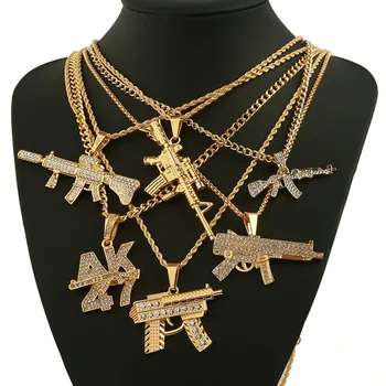 Mode AK47 Revolver Uzi Pistool Hanger Kettingen Vrouwen Mannen Hip Hop Sieraden Steampunk Bling Strass Gouden Lange Ketting Ketting