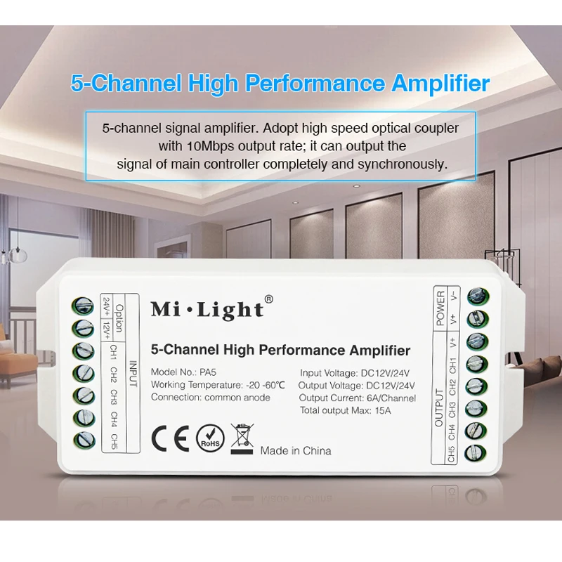

Miboxer DC12V/24V PA5 15A 5-Channel High Performance Amplifier,Series Controller And all PWM Type Led Controller