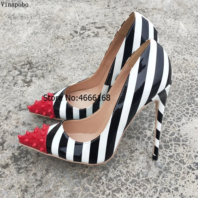 keshangjia-black-and-white-stripes-high-heels-patent-leather-needle-rivets-shallow-lipstick-high-heels-shoes (3)