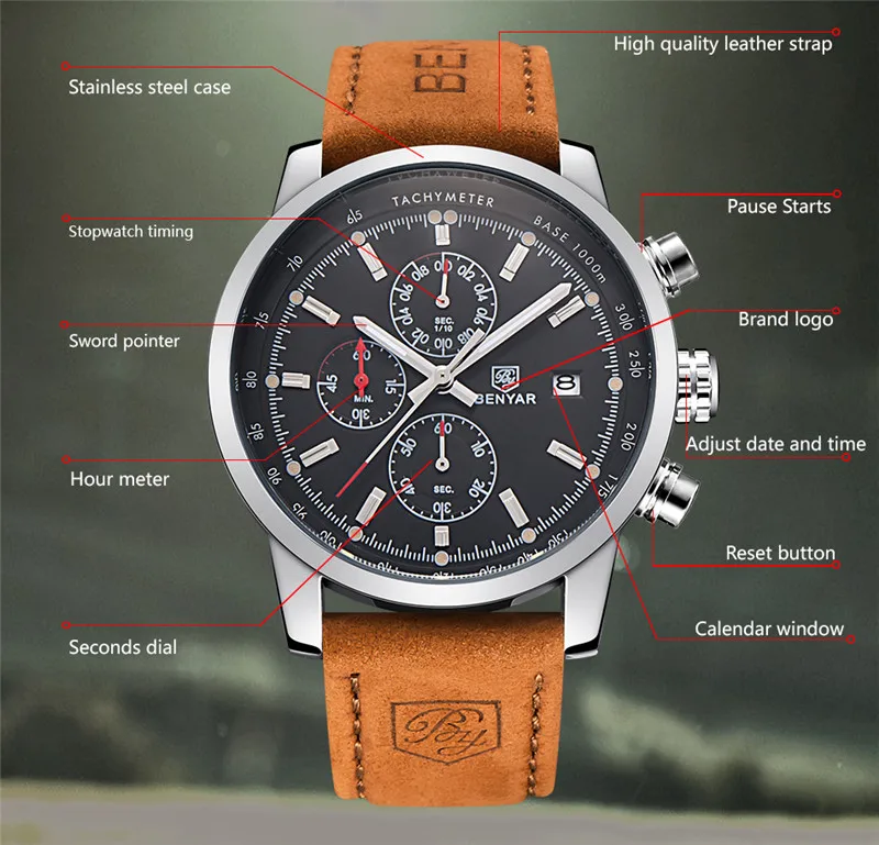 Relogio Masculino BENYAR часы мужские Топ люксовый бренд хронограф спортивные мужские часы военные кожаные часы кварцевые наручные часы 5102