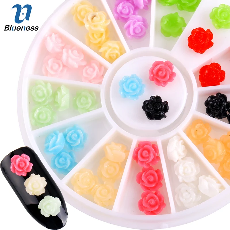 

Blueness 12 Colors 6mm Resin Rose Flowers 3D Nail Art Studs Tips Glitter DIY Wheel Floral Design Decorations For Nails ZP008