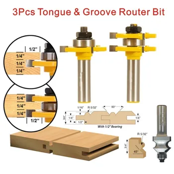 

3Pcs Tongue & Groove Router Bit Set 1/2 Inch Shank 3 Teeth T-shape Wood Milling Cutter flooring knife