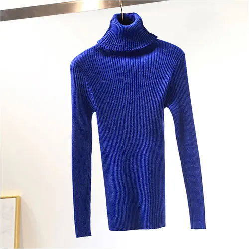 Женские свитера, высокая эластичность, блестящий пуловер с высоким воротом, блестящий, блестящий, Осень-зима, базовый тонкий свитер, красный, фиолетовый - Цвет: Синий
