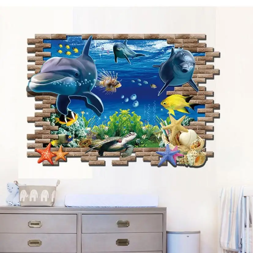 Home Decor 3D under the sea wall sticker 60*90cm blue sea world animal