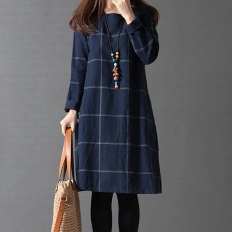 

Autumn Winter Plaid Dress Cotton and Linen Dresses Woman Party Night Fashion Mazarine Loose O-neck Plus Size Dress Vestiti Donna