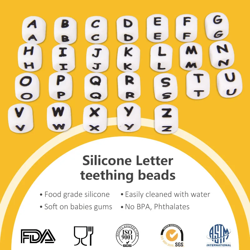 50 шт буквы алфавита силиконовые прорезывания зубов Cube бусины 12 мм кости Прорезыватель для зубов из пищевого силикона бусины для прорезывания зубов соску цепи для подарок для новорожденных