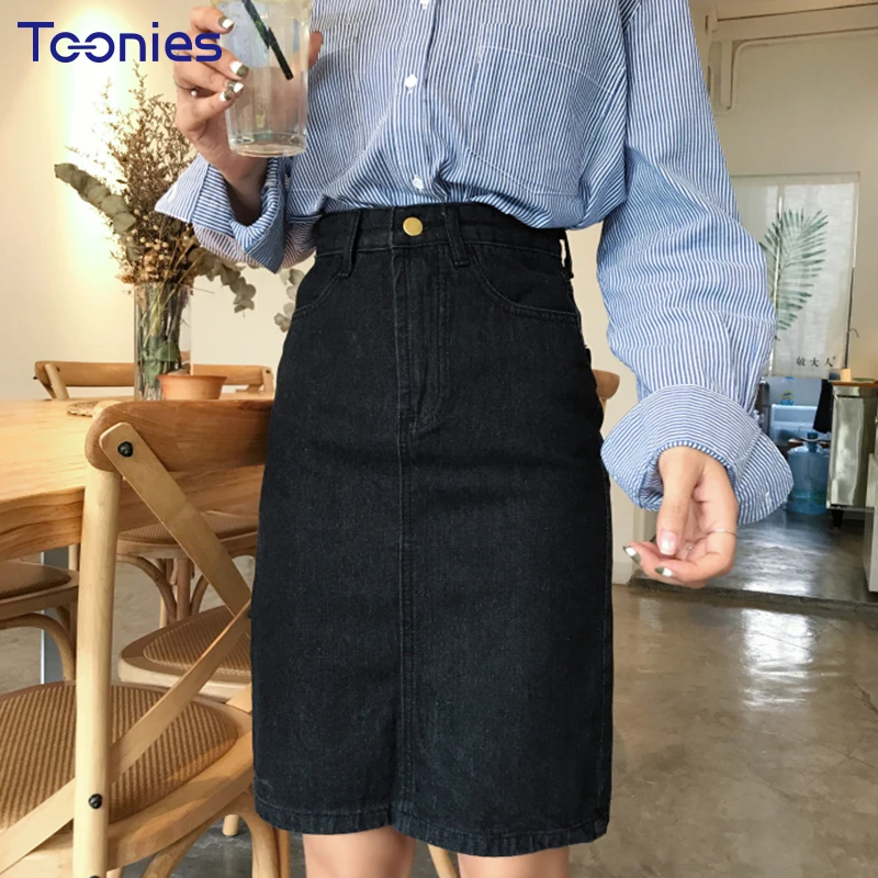 Women Denim Skirt Knee length OL Pencil Jeans Skirts Womens Black