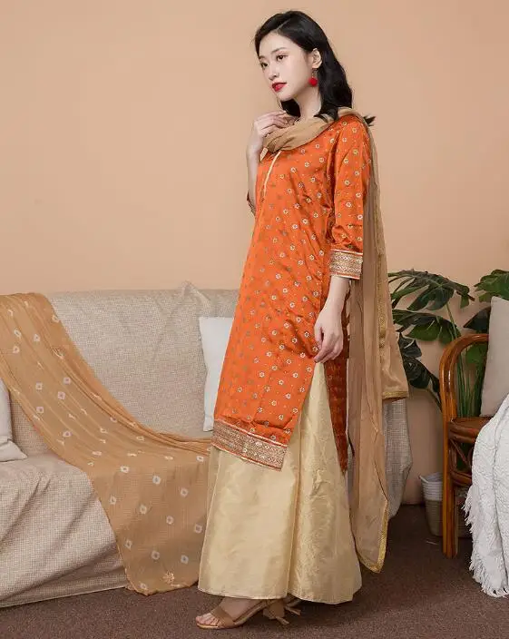 New India Fashion Woman Ethnic Styles Set Cotton India Dress Thin Costume Elegent Lady Long Top+Skirt+Scarf