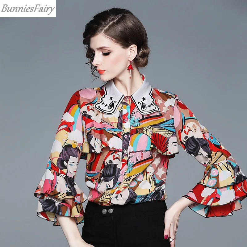 

BunniesFairy 2019 Spring Ladies Lolita Sweet Kawaii Women Embroidery Vintage Character Floral Blouse Ruffles Tops Casual Camisa