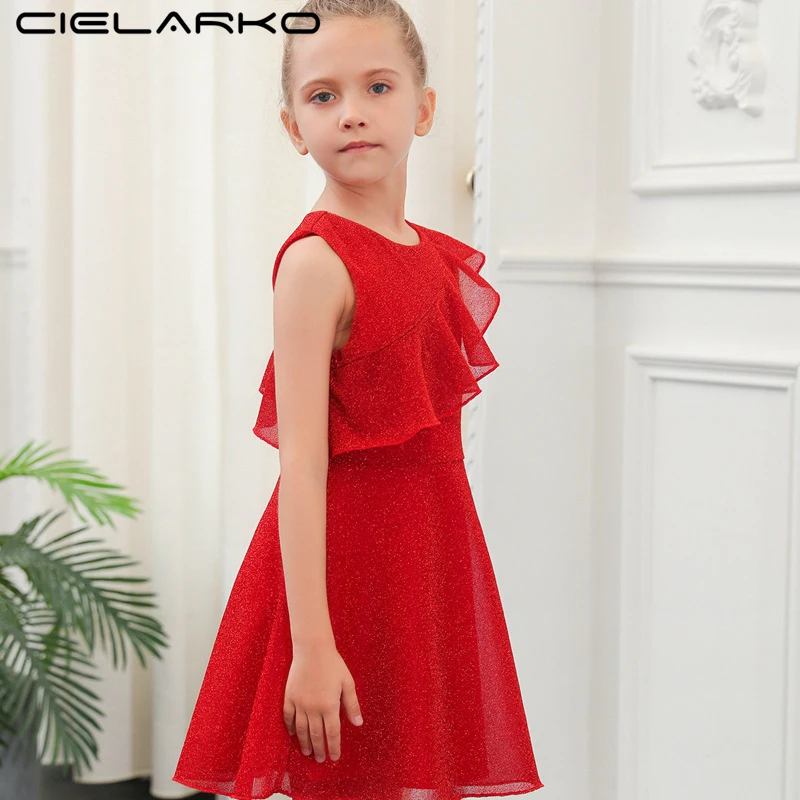 Cielarko Girl Red Dress Sleeveless Summer Ruffles Kids Party Dresses 2018 Elegant Baby Clothes