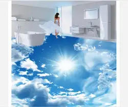 Пользовательские 3d ПВХ напольные фотообои обои голубое небо, белые облака солнце 3D стерео Ultra HD пол Водонепроницаемый самоклеящиеся обои