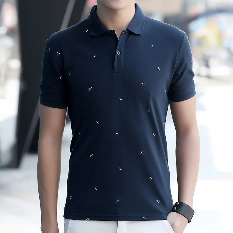 Новые модные летние мужские рубашки-поло Slim Fit печати Повседневное короткий рукав хлопковые рубашки-поло верхняя одежда M-3XL - Цвет: Navy