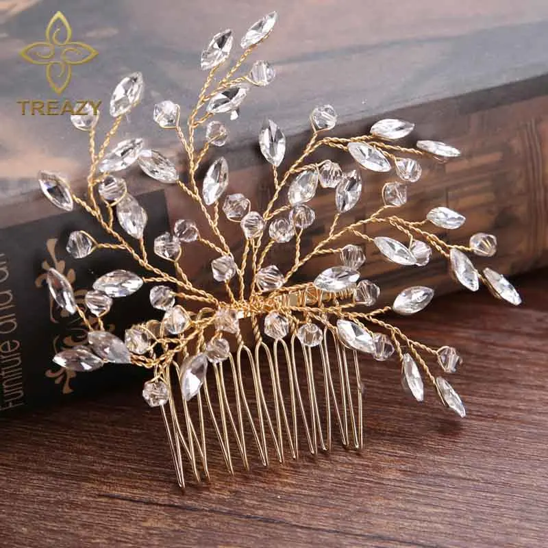 

TREAZY Bridal Crystal Floral Hair Combs Hairpins Gold/Silver Color Wedding Hair Accessories Handmade Bride Wedding Hair Jewelry
