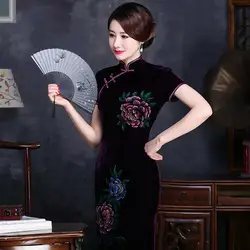 Фиолетовый бархат стрейч мать Cheongsam Длинные китайское традиционное платье велюр Qipao халат chinoise Вечеринка Платья для женщин Oriental