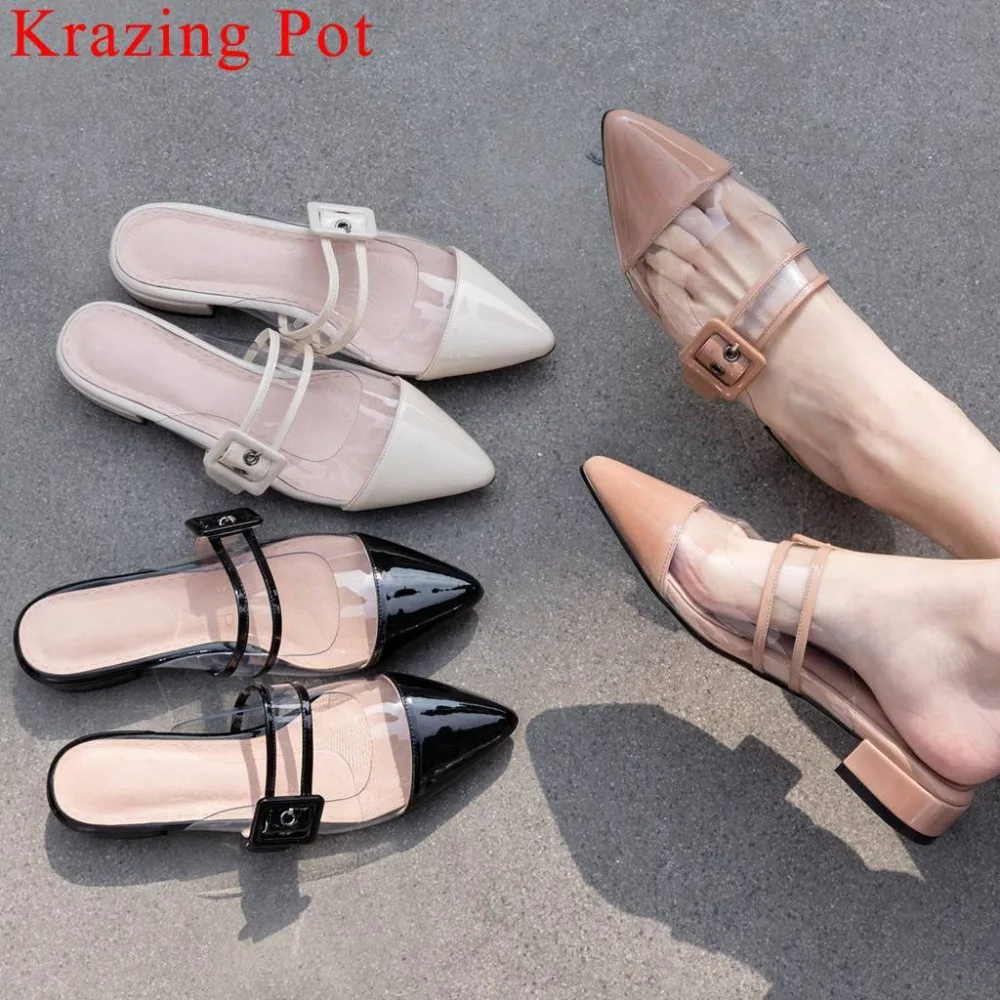 

Summer brand slip on mules low heels oxfrod pointed toe buckle decoration natural leather pvc material jelly shoes pumps L01