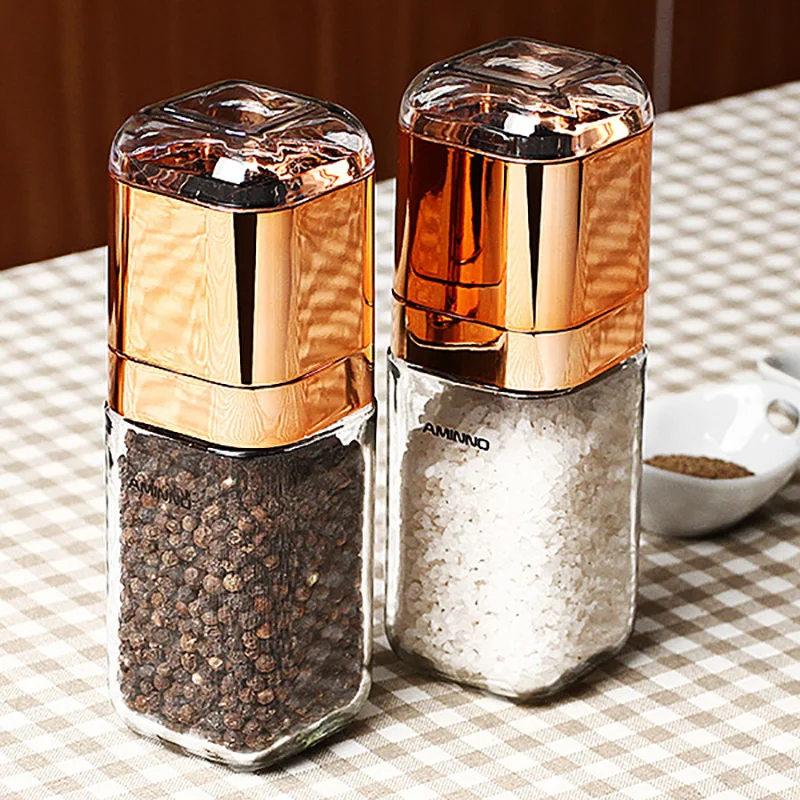 

Drop Shipping Simple Fashion Glass Bottle Practical Golden Pepper Hand Grinder Pepper Salt Mill Grinder Kitchen Tools