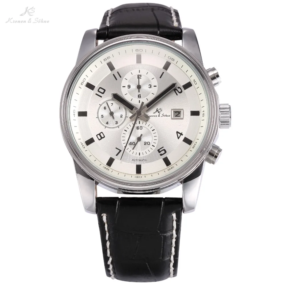 KS Navigator 6 Hands Auto Date Day Month Male Black Leather Band White Dial Wristwatch Men