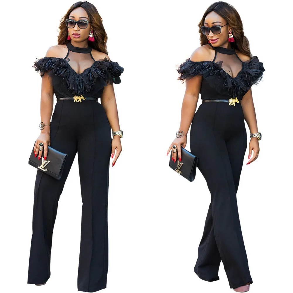 Women Sexy Halter Shoulder super fashion spring summer jumpsuits women Ribbon lace women casual solid half sleeve jumpsuits