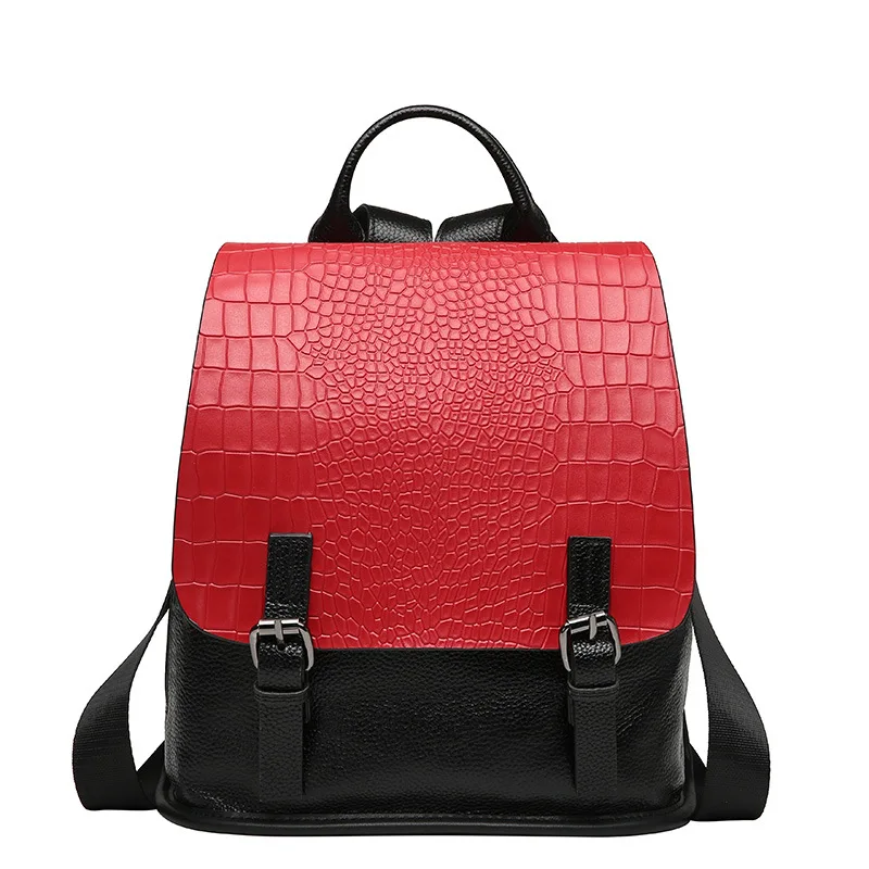 2017 vintage panelled alligator pattern 100 Genuine leather women bagpack small backpack for teenage girls school