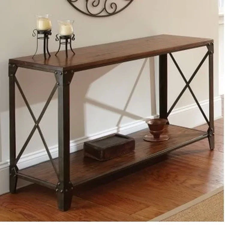 American country wrought iron wood console table desk side