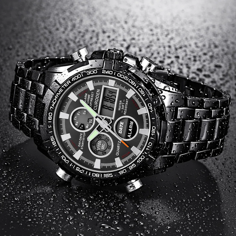 watches men Stainless Steel Sport Watch Dual Display Digital LED relogio masculino Quartz Wristwatches Business reloj saat