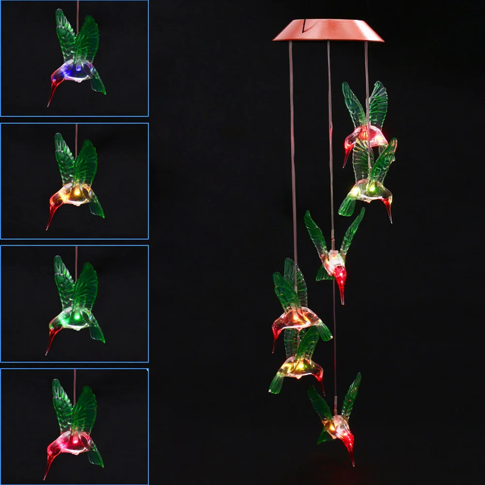

New Fashion Wind Chime LED Light Solar Changing Color Hummingbird Hanging Lawn Yard Garden Home Decoration XOA88